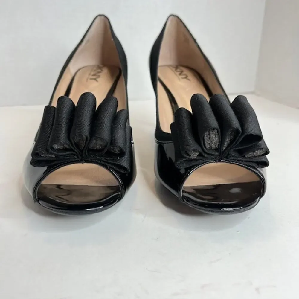 DKNY Black Patent Peep Toe Bow Heels Size 9 Elegant Feminine NWOB